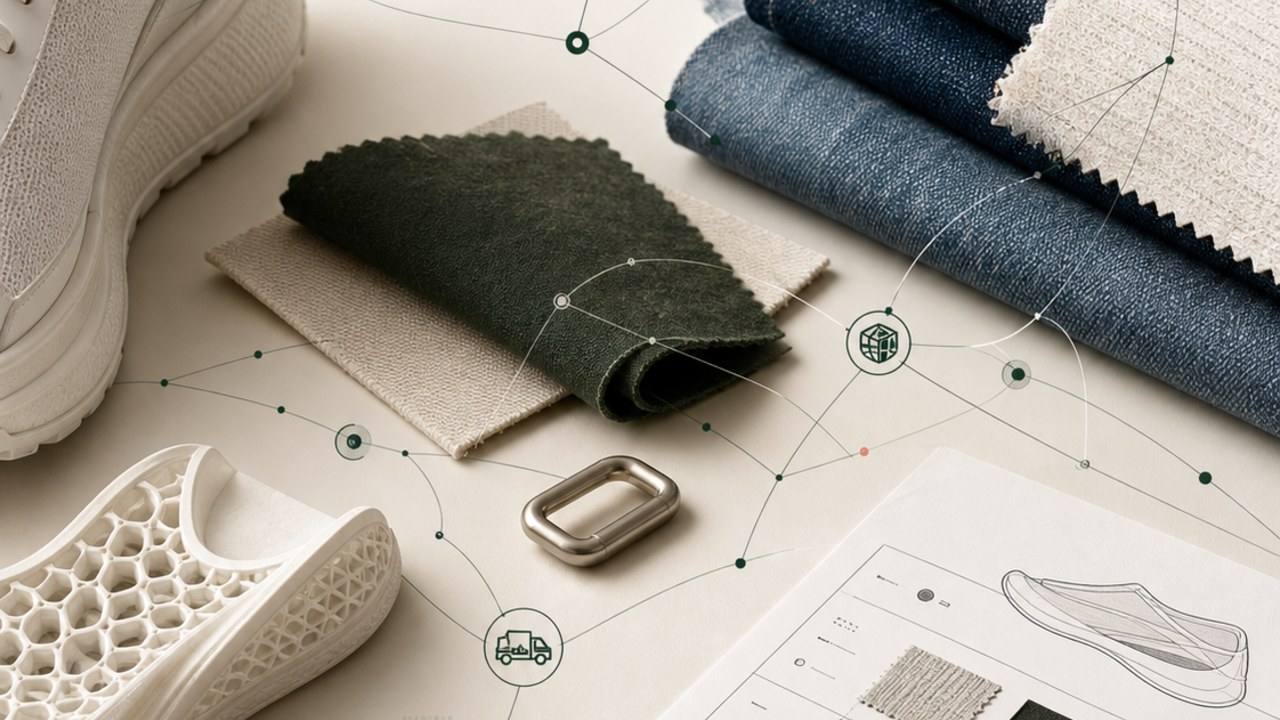 Footwear components and materials laid out on green